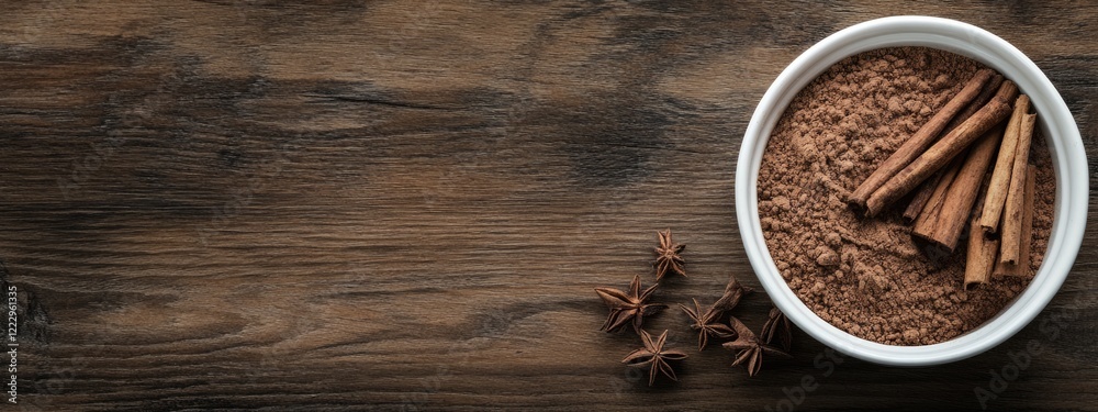 Aufkleber Dried cinnamon sticks and powder in a white bowl on a wooden table with ample space for adding text or marketing content