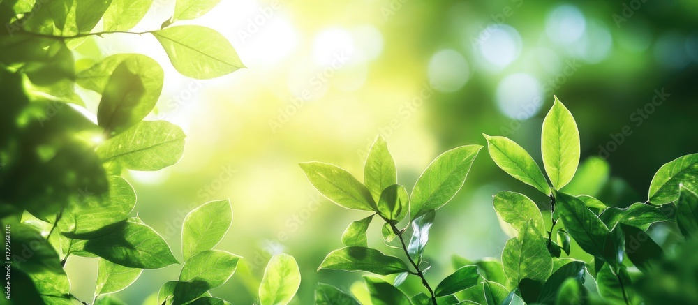 Poster green leaf texture with sunlight in rainforest biophilic design natural background top view blank sp