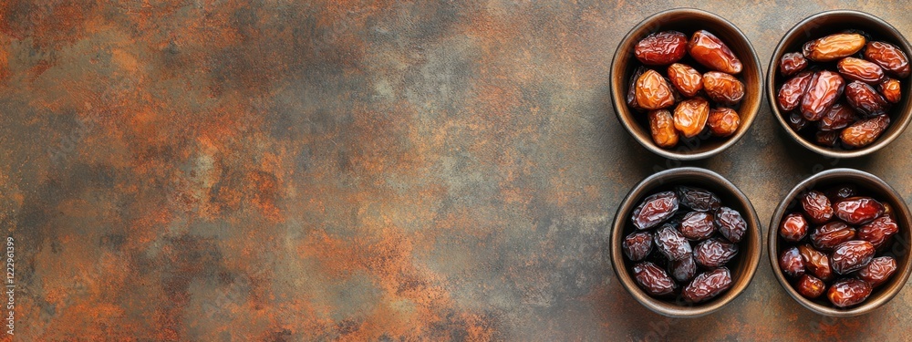 Poster Dried date fruits in bowls arranged on a textured surface with space for text in a top view flat lay composition
