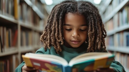 A young child is deeply engrossed in a book while surrounded by shelves of books in a library, symbolizing the joy of reading and exploration in a nurturing environment.