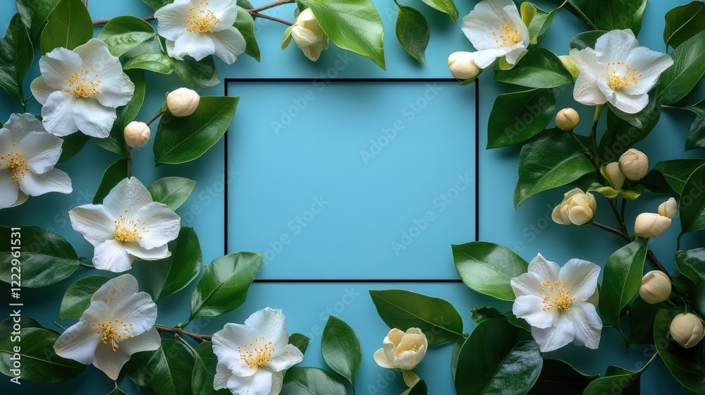 Poster Geometric frame with fresh exotic flowers on light blue background creating an elegant Art Deco style mockup for text and design elements