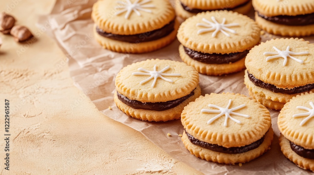 Poster Festive chocolate and vanilla cookies with lemon filling arranged on decorative paper against a vibrant background for text placement.