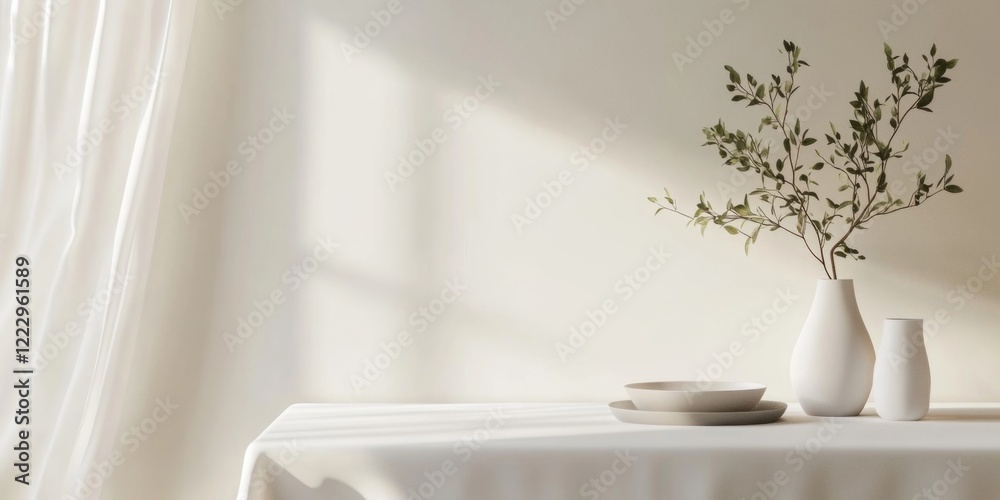 Poster Elegant dining table setting with neutral decor featuring a white tablecloth and a minimalist vase for copy space and text opportunities
