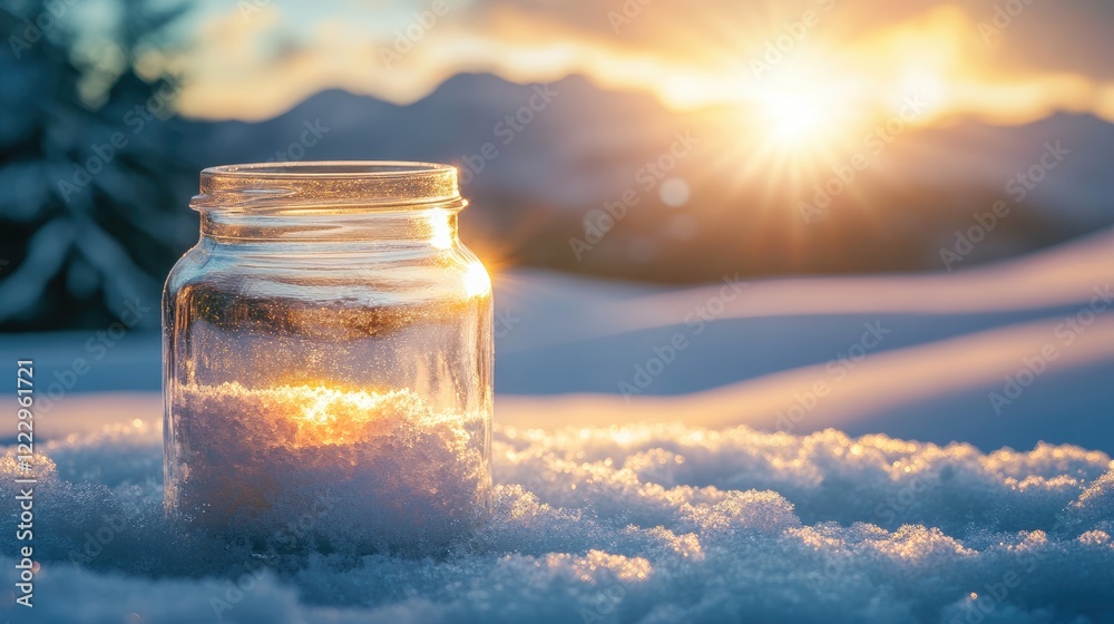 Aufkleber glass jar filled with snow illuminated by sunlight in a snowy landscape with empty space for text an