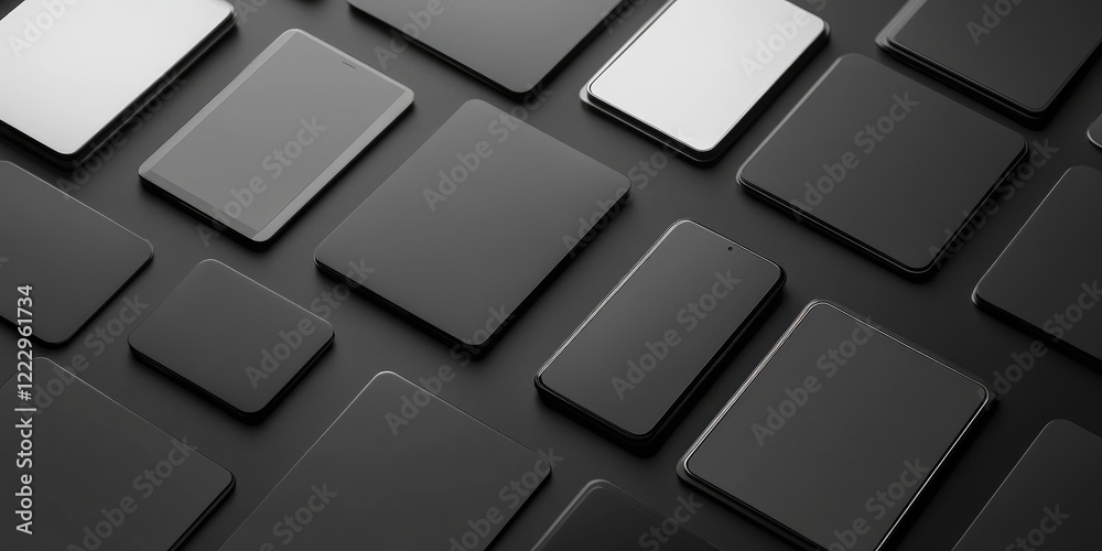 Poster Sophisticated flatlay arrangement of various stacked UI mockup cards on a dark background with space for text placement and design creativity.