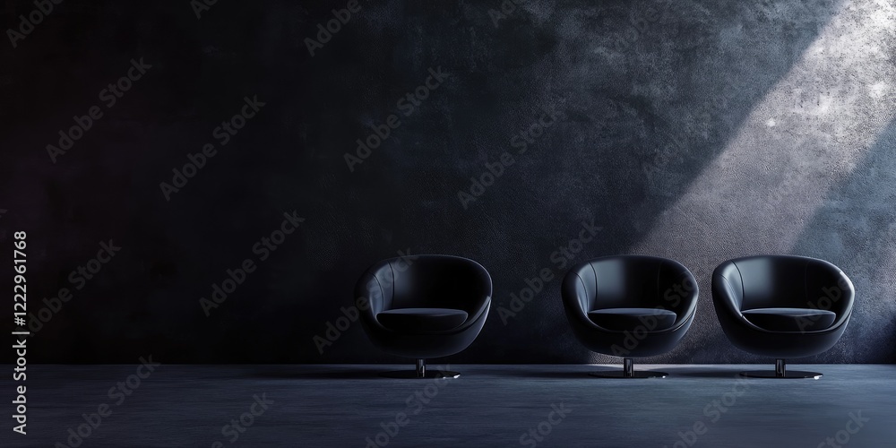 Poster Elegant dark reception area with modern chairs and ample negative space for customization and text placement.