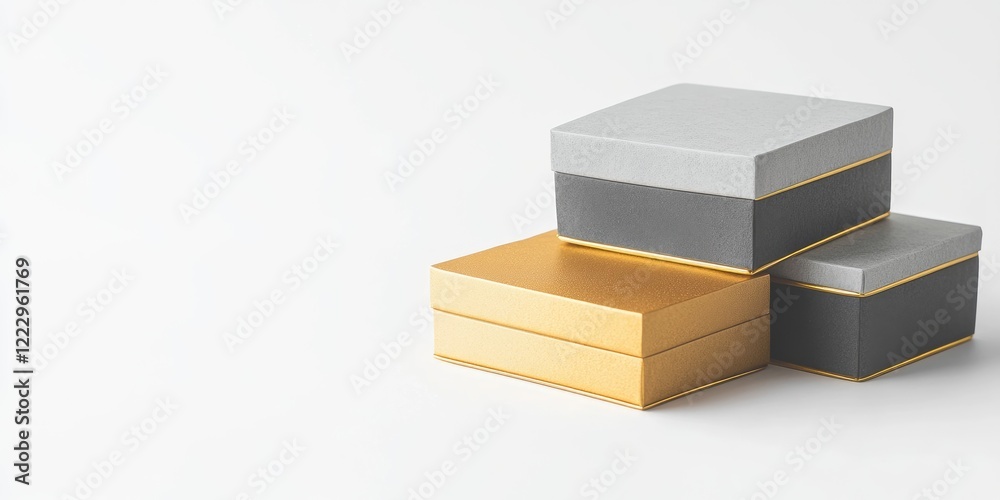 Poster elegant gift boxes in gold and grey on neutral background with copy space for personal messages and 