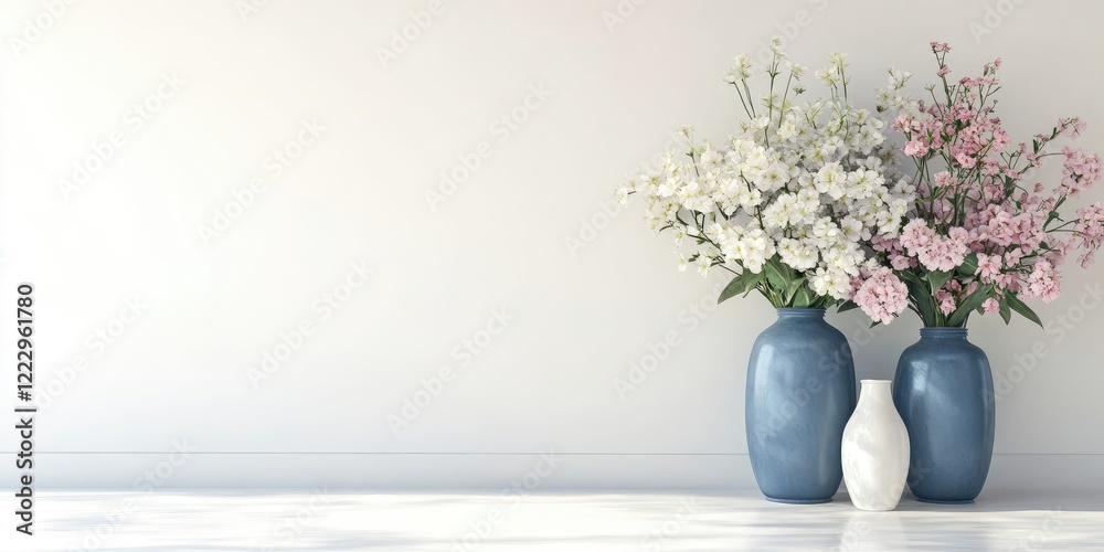 Poster elegant floral arrangement in blue vases on white wall and floor with minimalist space for text and 