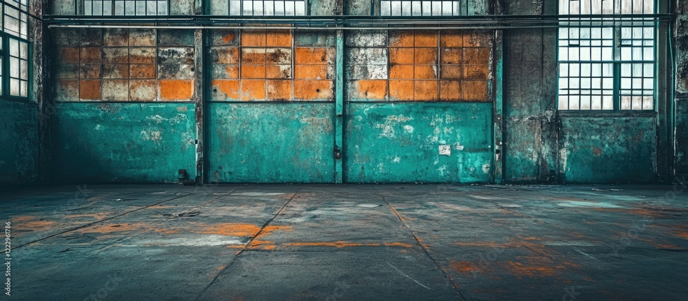 Poster abandoned warehouse interior with cracked turquoise wall and orange highlights creating a textured b