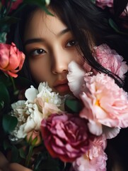 Naklejka premium Woman hiding behind flower bouquet