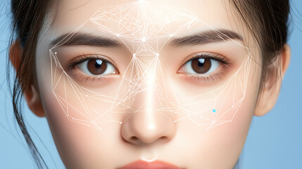 Digital identity concept with abstract facial recognition technology. image showcases close up of woman face with geometric lines representing data analysis and security