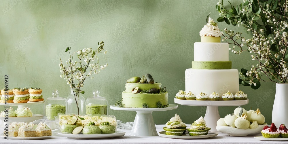 Aufkleber Elegant dessert display with avocado and matcha sweets on a table surrounded by greenery and empty space for text placement.