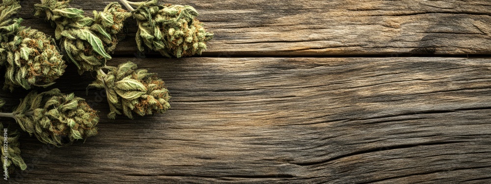 Poster Dried cannabis buds arranged on rustic wood with ample empty space for text or branding in a natural setting design.