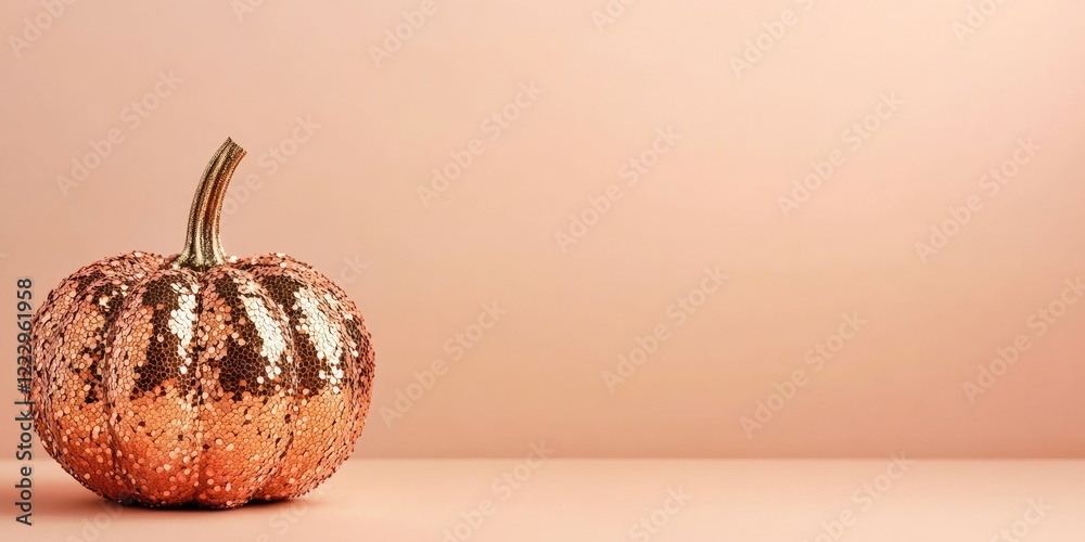 Poster Elegant sequined pumpkin on a pastel background with ample empty space for personalized text or seasonal greetings.