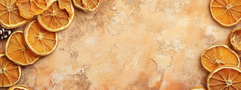 Aufkleber dried orange slices arranged on a textured background with ample empty space for holiday-themed text
