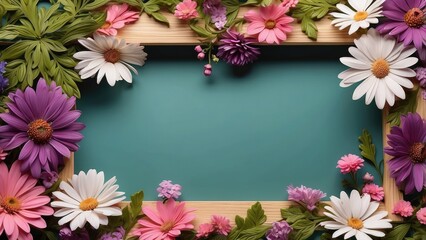 A wooden frame surrounded by a vibrant arrangement of flowers on a soft, light background.