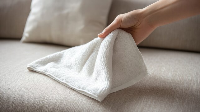 Close up of hand wiping white fabric on soft couch highlighting home cleaning techniques with clear space for promotional text or advertising
