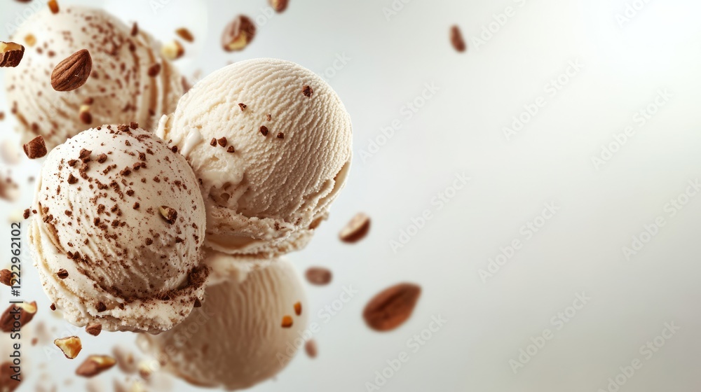 Aufkleber Creamy Ice Cream Scoops with Cocoa and Hazelnut on Blurred Background Featuring Empty Copyspace for Text