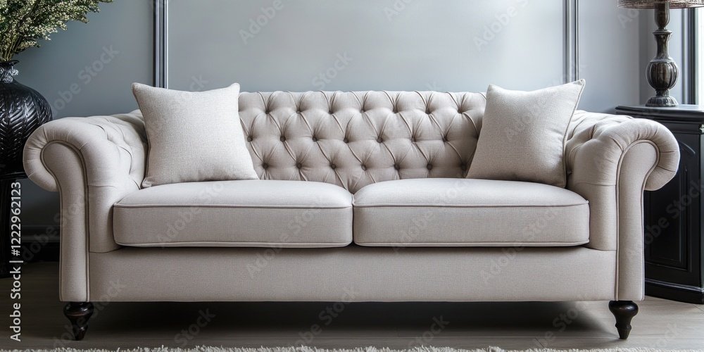 Poster chic tufted beige sofa in stylish living room setting with ample space for personalized text or adve