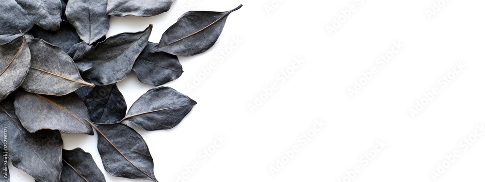 Poster dried dark gray leaves on white background with copy space for text showcasing natural textures and 
