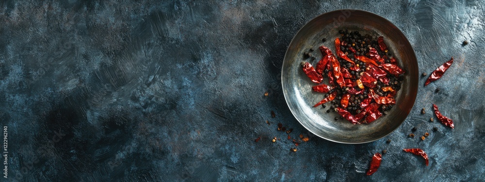 Poster dried chili peppers in a metal bowl with scattered seeds and empty space for text on a textured dark