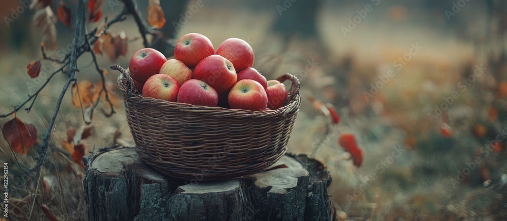 Poster basket of red ripe apples on tree stump in autumn orchard with warm colors and empty space for seaso