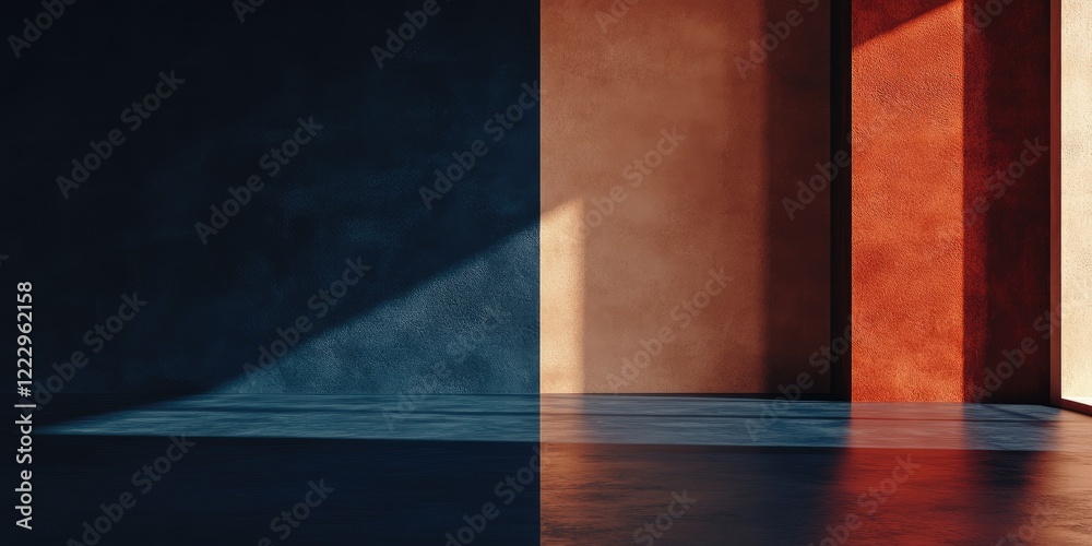 Poster elegant geometric interior design showcasing dark blue and terracotta walls with ample empty space f