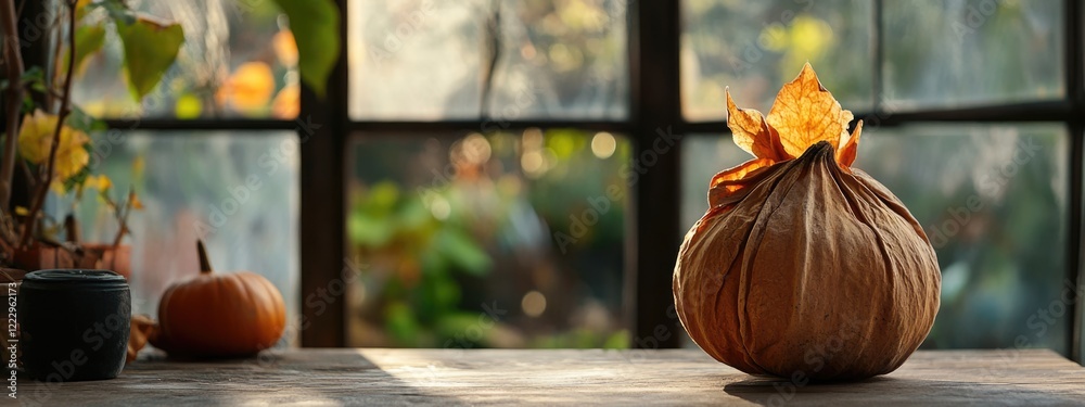 Poster dried decorative pumpkin with autumn leaves on a rustic table and blurred garden window background f