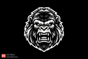 Obraz premium Gorilla Head mascot Black and white silhouette Illustration vector design