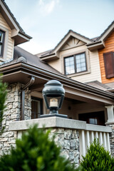 Luxury House Exterior: Stone Facade, Modern Design, and Landscaped Garden. Real Estate Photography