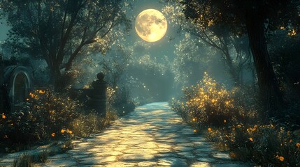 Fototapeta premium A background of moonlight casting long shadows in a quiet garden.