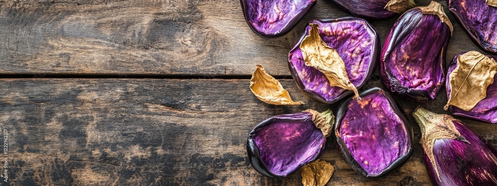Poster dried eggplant slices arranged on rustic wooden surface with blank space for seasonal culinary or pr