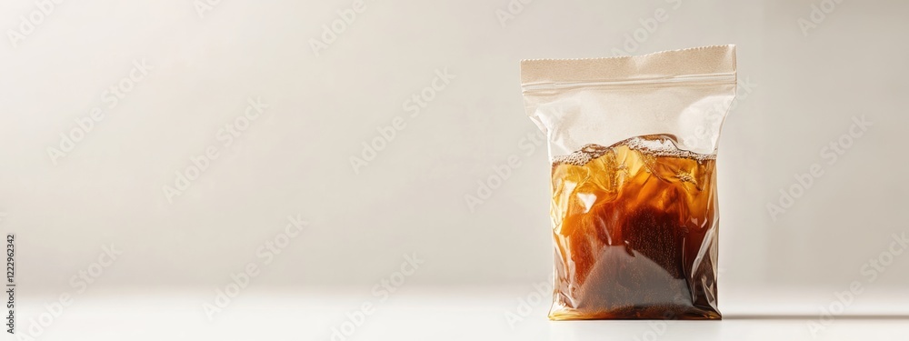 Poster drip bag coffee packaging with brewed beverage showcasing modern design and ample empty space for pr
