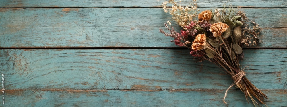 Poster dried flower bouquet on weathered green wood background with ample space for text and design accents