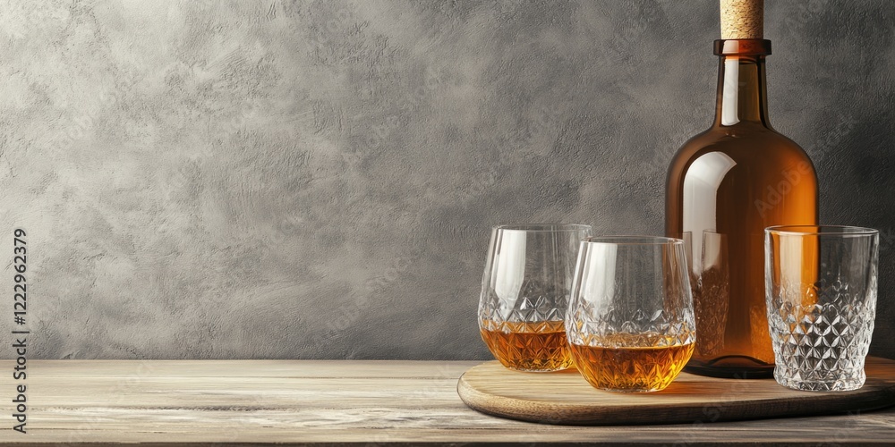 Aufkleber sophisticated drinkware arrangement featuring crystal glasses and an amber bottle on a rustic wooden
