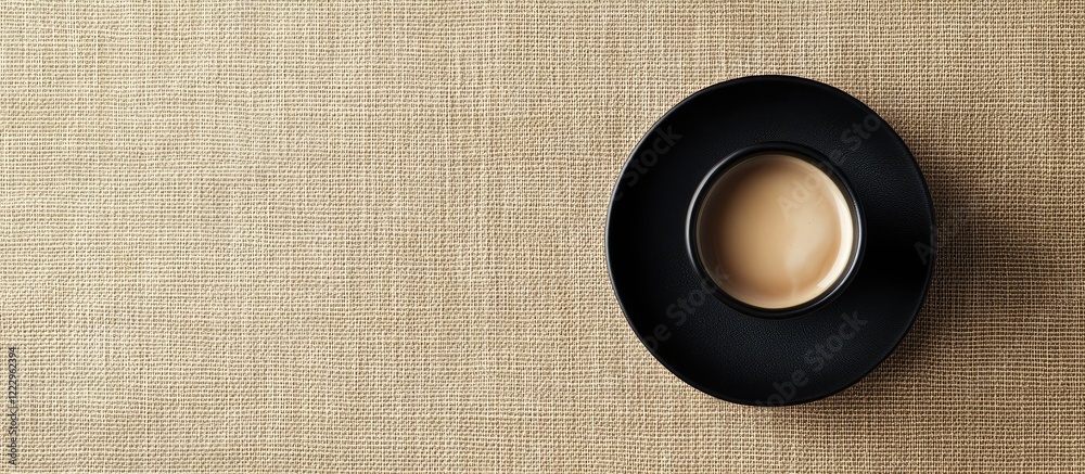 Poster black coffee saucer on beige textile background with empty space for text ideal for promotional or e