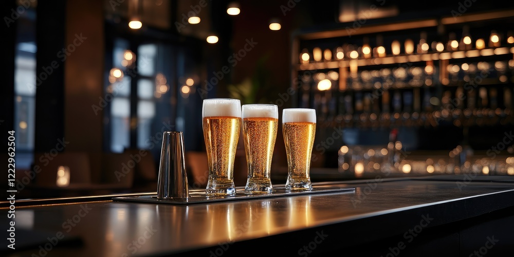 Poster Freshly poured beers on a bar counter at night with a blurred pub interior creating an inviting atmosphere and space for custom text.