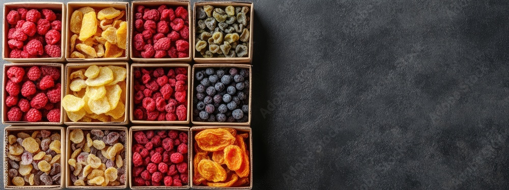 Aufkleber Dried fruits and berries in cardboard boxes displayed on a dark surface with empty space for text or product description in a store setting