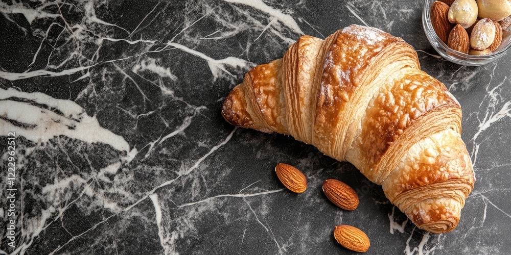 Poster elegant almond croissant on dark marble background with almonds and empty text space for bakery or g