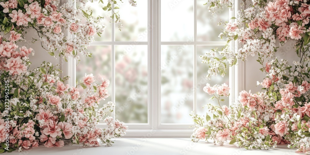 Poster floral window decoration featuring blooming flowers creating a picturesque scene with ample copy spa