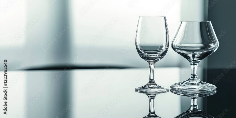 Fototapete Sophisticated Glassware Set on Reflective Bar Counter with Empty Space for Custom Text or Branding in Modern Setting