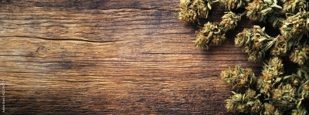 Poster Rustic wooden background with dried cannabis buds arranged in colas providing ample empty space for text or design elements.