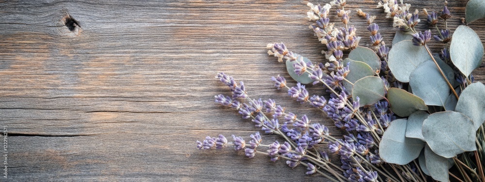 Aufkleber dried eucalyptus and lavender herbs on rustic wooden surface with empty space for text or designs
