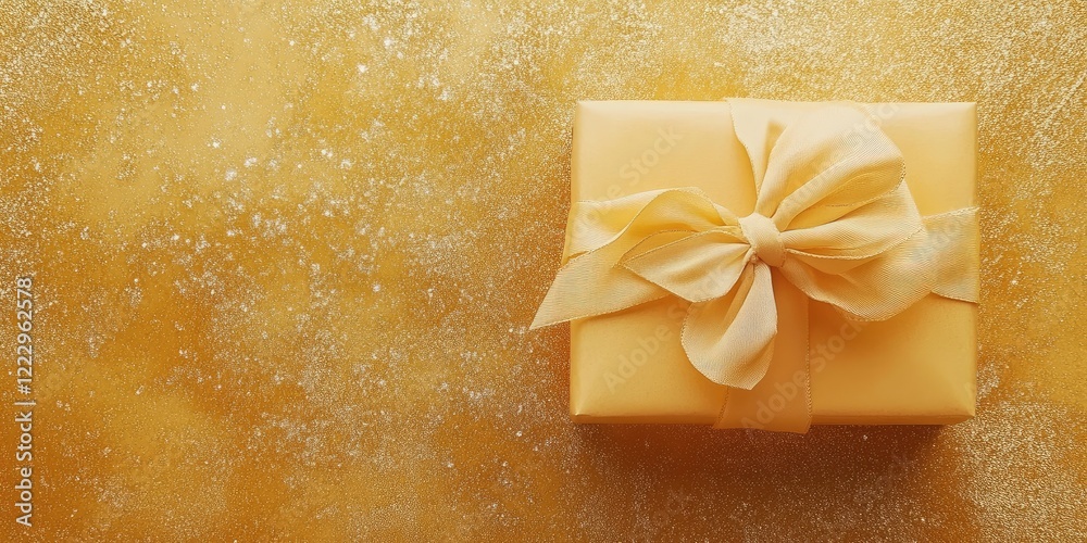 Poster luxury gold gift box adorned with satin ribbon on shimmering background ideal for festive celebratio