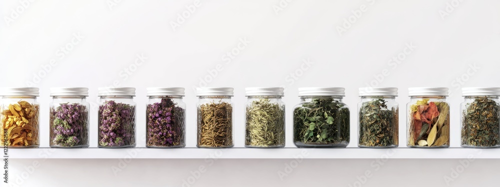 Poster Dried medicinal herbs stored in clear jars on a shelf with a clean white background and ample empty space for customizable text or graphics