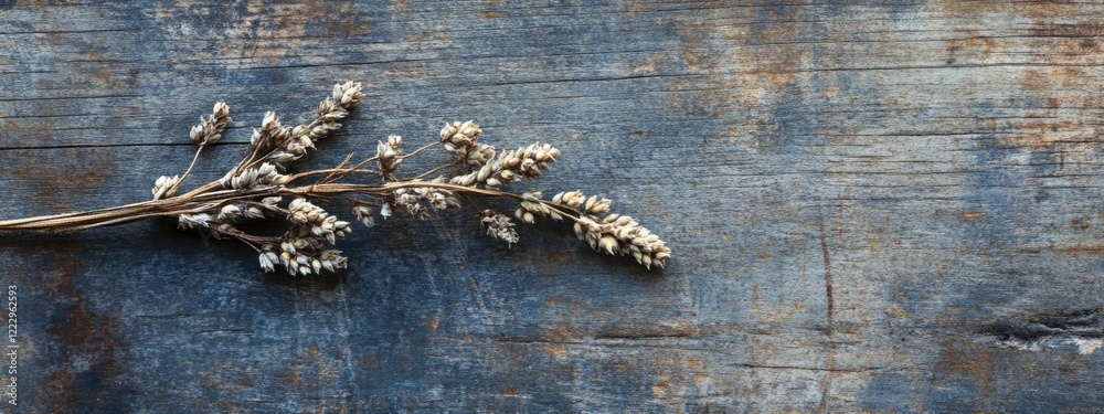 Poster Dried sagebrush twig with seeds on weathered wood background and ample space for text or design elements