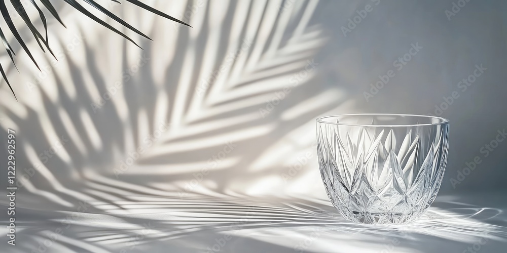 Poster crystal glass with soft tropical leaf shadows and copy space for creative text or product promotion