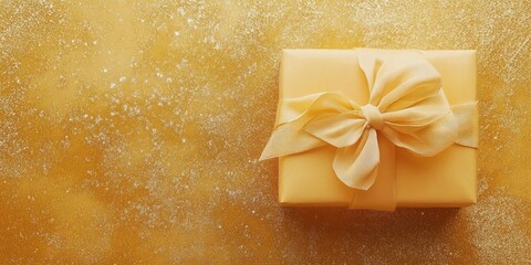 Luxury gold gift box adorned with satin ribbon on shimmering background ideal for festive celebrations and elegant occasions with text space