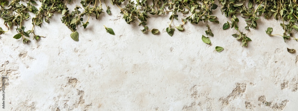 Fototapete Dried Marjoram Leaves on White Stone Surface with Empty Space for Text or Branding Ideal for Culinary or Herbal Design Concepts