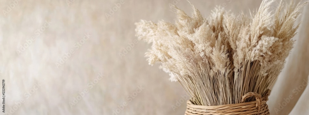 Aufkleber dried pampas grass arrangement in wicker basket with neutral background for text placement and decor